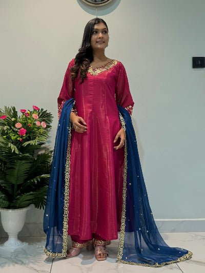 Magenta Roman Silk Beautiful Embroidered Anarkali Suit Set - BONYHUBSALWAR KAMEEZ