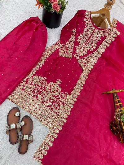 Magenta Tissue Silk Gold Embroidery Palazzo Suit UK Next Day - BONYHUBSALWAR KAMEEZ