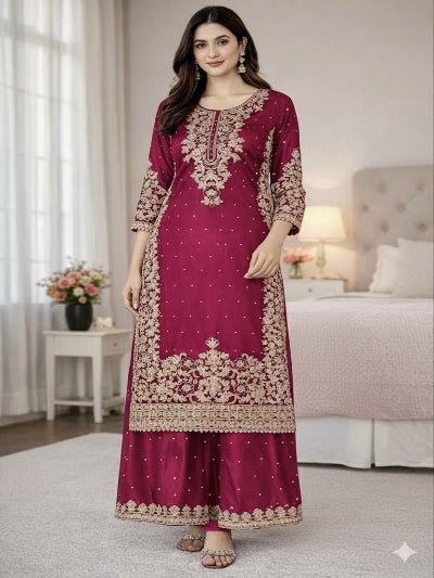 Magenta Tissue Silk Gold Embroidery Palazzo Suit UK Next Day - BONYHUBSALWAR KAMEEZ