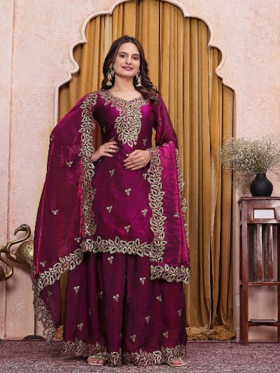 Magenta Wine Embroidered Fendy Silk Sharara Suit for Women | Asian Ethnic Wear UK - BONYHUBSALWAR KAMEEZ