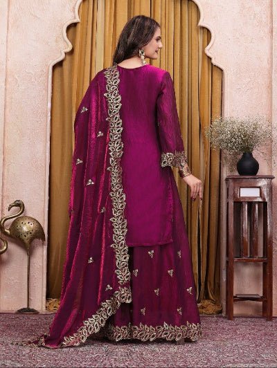 Magenta Wine Embroidered Fendy Silk Sharara Suit for Women | Asian Ethnic Wear UK - BONYHUBSALWAR KAMEEZ