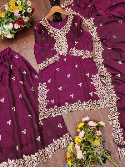 Magenta Wine Embroidered Fendy Silk Sharara Suit for Women | Asian Ethnic Wear UK - BONYHUBSALWAR KAMEEZ