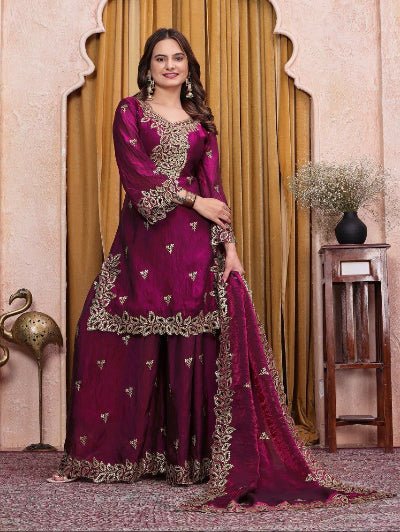 Magenta Wine Embroidered Fendy Silk Sharara Suit for Women | Asian Ethnic Wear UK - BONYHUBSALWAR KAMEEZ