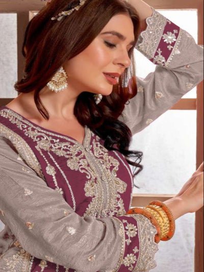 Mahira Collection: Dark Mauve Embroidered Heavy Salwar Suit Set - BONYHUBSALWAR KAMEEZ