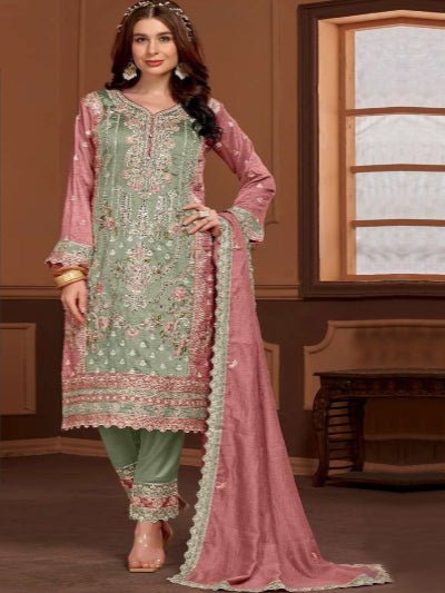 Mahira Collection: Pista Green Pink Embroidered Heavy Salwar Suit Set - BONYHUBSALWAR KAMEEZ