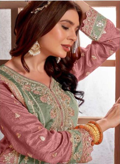 Mahira Collection: Pista Green Pink Embroidered Heavy Salwar Suit Set - BONYHUBSALWAR KAMEEZ