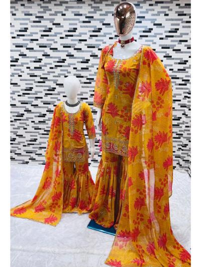 Marigold Embroidery Work Sharara Set Mother Daughter Combo - BONYHUBClothing