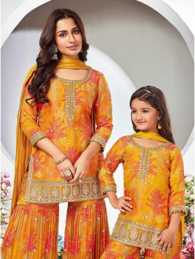 Marigold Embroidery Work Sharara Set Mother Daughter Combo - BONYHUBClothing