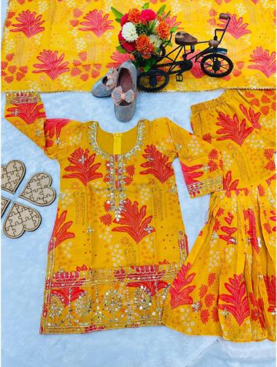 Marigold Embroidery Work Sharara Set Mother Daughter Combo - BONYHUBClothing