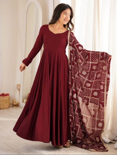 Maroon Chanderi Silk Anarkali Gown Set with Zari Work Dupatta - BONYHUBSALWAR KAMEEZ