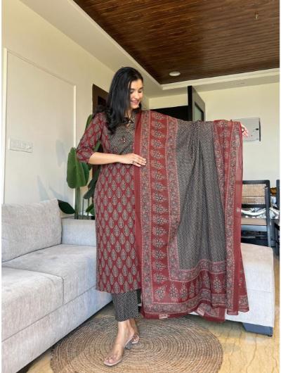 Maroon Cotton Printed Salwar Suit (Set of 3) - BONYHUBSALWAR KAMEEZ