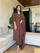 Maroon Cotton Printed Salwar Suit (Set of 3) - BONYHUBSALWAR KAMEEZ