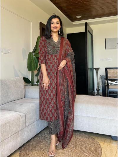 Maroon Cotton Printed Salwar Suit (Set of 3) - BONYHUBSALWAR KAMEEZ