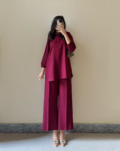 Maroon Cotton Stylish Smart Co - ord Set of 2 - BONYHUBSALWAR KAMEEZ