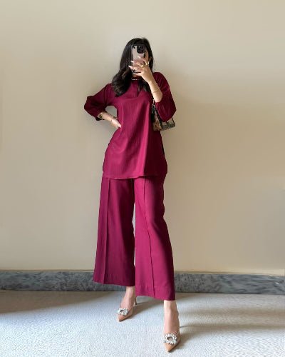 Maroon Cotton Stylish Smart Co - ord Set of 2 - BONYHUBSALWAR KAMEEZ