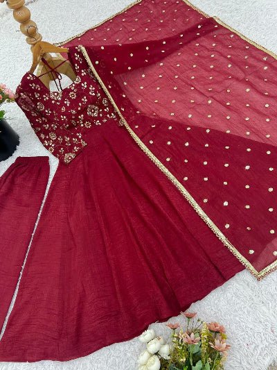 Maroon Crunchy Silk Flair Anarkali Suit Set - BONYHUBSALWAR KAMEEZ