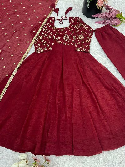 Maroon Crunchy Silk Flair Anarkali Suit Set - BONYHUBSALWAR KAMEEZ