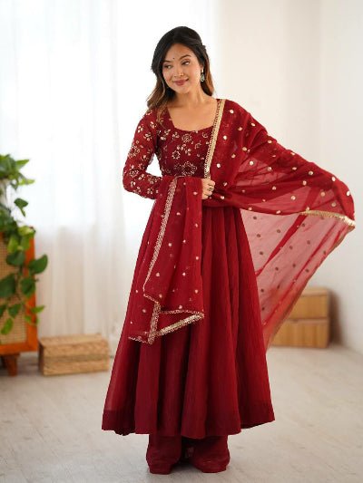 Maroon Crunchy Silk Flair Anarkali Suit Set - BONYHUBSALWAR KAMEEZ