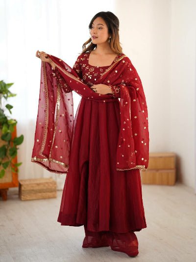 Maroon Crunchy Silk Flair Anarkali Suit Set - BONYHUBSALWAR KAMEEZ