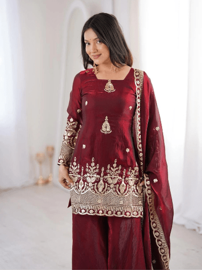 Maroon Embroidered Kurta, Sharara &amp; Dupatta Set - BONYHUBSALWAR KAMEEZ