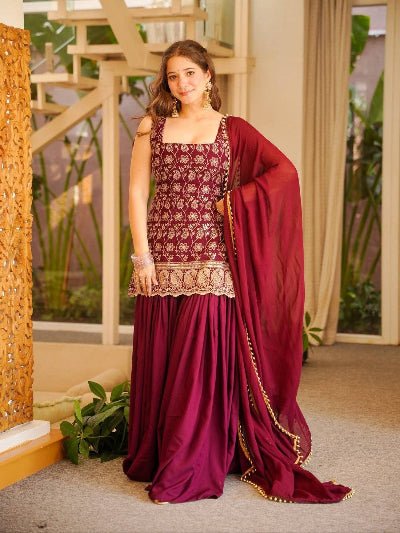 Maroon Embroidered Sleeveless Sharara Palazzo Set - BONYHUBSALWAR KAMEEZ