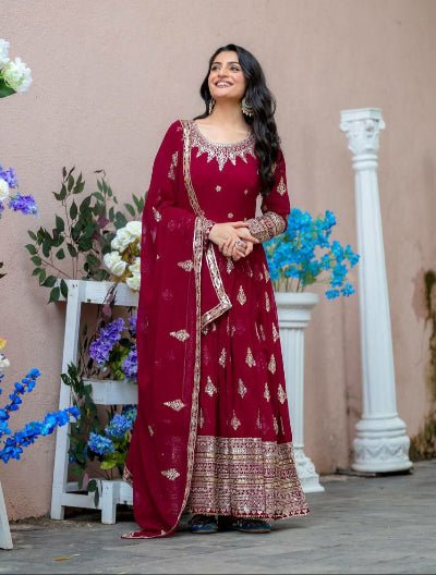 Maroon Georgette Full Heavy Embroidery Sequence Work Anarkali Suit Set - BONYHUBSALWAR KAMEEZ