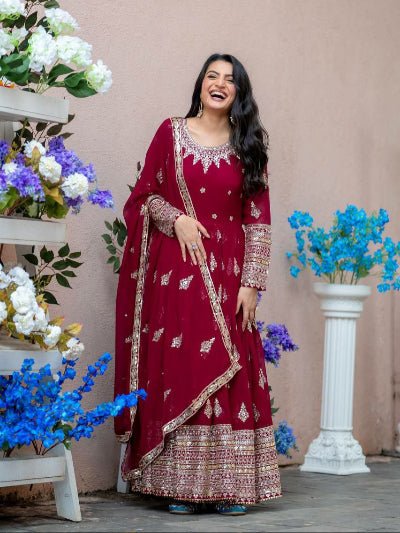 Maroon Georgette Full Heavy Embroidery Sequence Work Anarkali Suit Set - BONYHUBSALWAR KAMEEZ