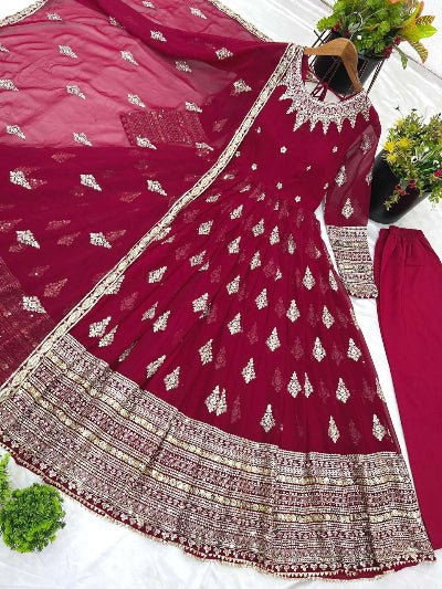 Maroon Georgette Full Heavy Embroidery Sequence Work Anarkali Suit Set - BONYHUBSALWAR KAMEEZ