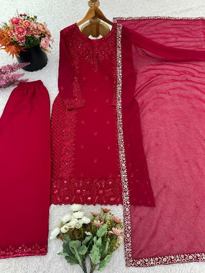 Maroon Georgette Sequins Embroidered Straight Suit Set - BONYHUBSALWAR KAMEEZ