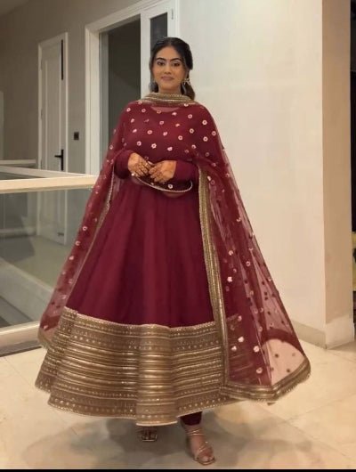 Maroon Gold Embroidered Anarkali Suit UK Next Day - BONYHUBSALWAR KAMEEZ