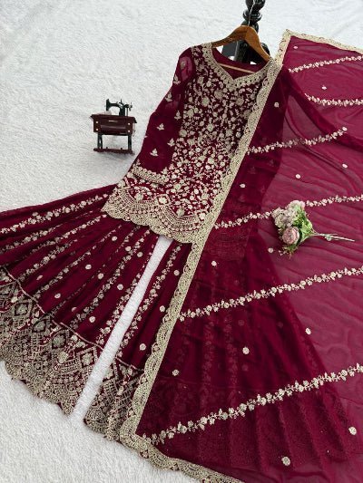 Maroon Gold Sequins Work Georgette Sharara Set - BONYHUBSALWAR KAMEEZ