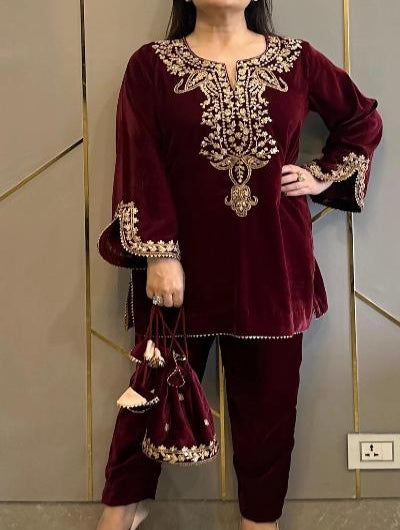 Maroon Heavy Embroidered Velvet Full Sleeves Kurti Pant Set - BONYHUBSALWAR KAMEEZ