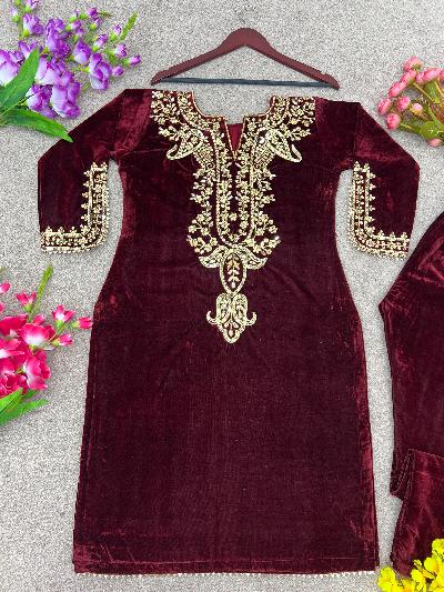 Maroon Heavy Embroidered Velvet Full Sleeves Kurti Pant Set - BONYHUBSALWAR KAMEEZ