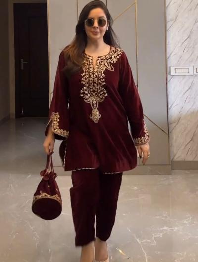 Maroon Heavy Embroidered Velvet Full Sleeves Kurti Pant Set - BONYHUBSALWAR KAMEEZ