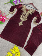 Maroon Heavy Embroidered Velvet Full Sleeves Kurti Pant Set - BONYHUBSALWAR KAMEEZ
