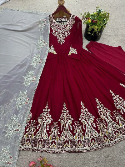 Maroon Intricate Thread Embroidered Anarkali Suit Set - BONYHUBSALWAR KAMEEZ