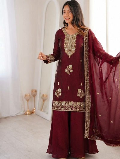 Maroon Modest Full Sleeves Embroidered Palazzo Suit - BONYHUBSALWAR KAMEEZ