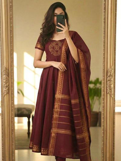 Maroon Pattu cotton Jacquard Kurti Dupatta Set of 2 - BONYHUBSALWAR KAMEEZ
