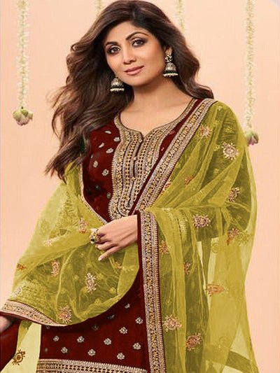 Maroon Plus Size Jacquard Embroidered Punjabi Suit Set - BONYHUBSALWAR KAMEEZ