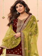 Maroon Plus Size Jacquard Embroidered Punjabi Suit Set - BONYHUBSALWAR KAMEEZ