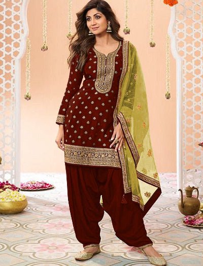 Maroon Plus Size Jacquard Embroidered Punjabi Suit Set - BONYHUBSALWAR KAMEEZ