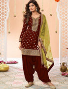 Maroon Plus Size Jacquard Embroidered Punjabi Suit Set - BONYHUBSALWAR KAMEEZ