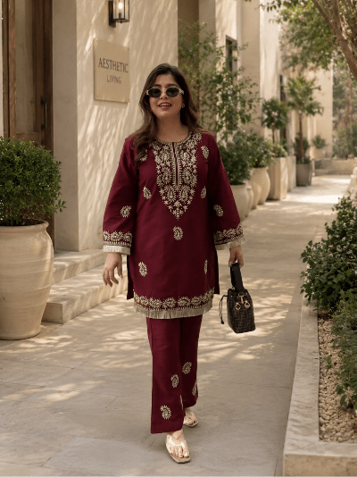 Maroon Rayon Embroidered Kurti Pant Set Of 2 - BONYHUBSALWAR KAMEEZ
