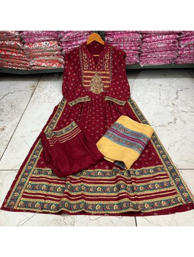 Maroon Rayon Embroidered Salwar Suit (Set of 3) - BONYHUBSALWAR KAMEEZ