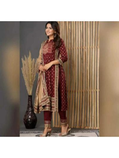 Maroon Rayon Embroidered Salwar Suit (Set of 3) - BONYHUBSALWAR KAMEEZ