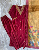 Maroon Salwar Suit With Yellow Floral Dupatta - BONYHUBSALWAR KAMEEZ