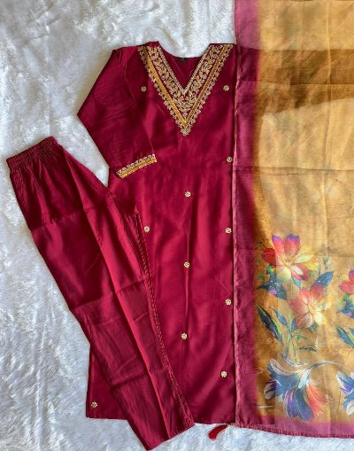 Maroon Salwar Suit With Yellow Floral Dupatta - BONYHUBSALWAR KAMEEZ