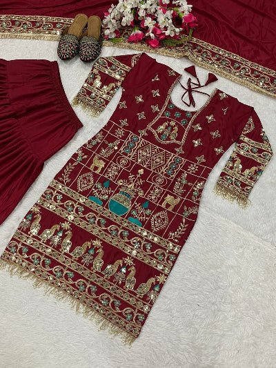 Maroon Sequins Embroidered Work Punjabi Suit Set - BONYHUBSALWAR KAMEEZ