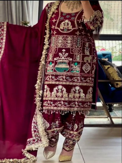 Maroon Sequins Embroidered Work Punjabi Suit Set - BONYHUBSALWAR KAMEEZ