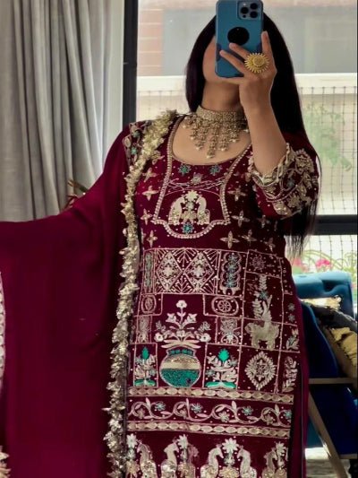 Maroon Sequins Embroidered Work Punjabi Suit Set - BONYHUBSALWAR KAMEEZ